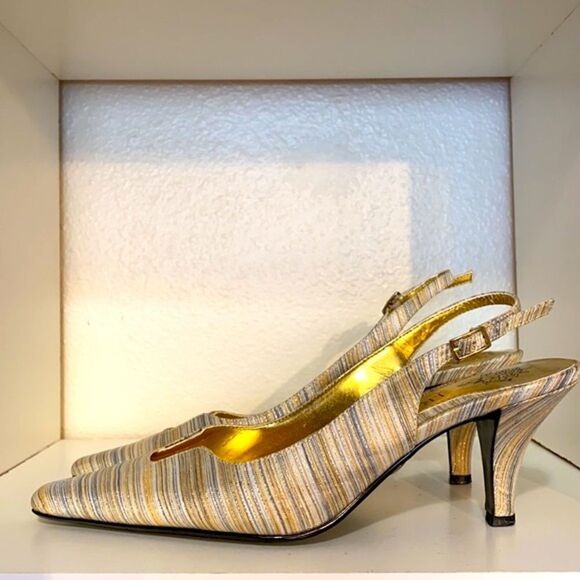 J Renee Stefani Womens Square Toe Vintage Gold Multi Slingback Heel Shoes - Picture 1 of 15